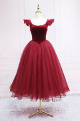Burgundy Velvet Tulle Tea Length Evening Prom Dress, Cute A-Line Party Dress