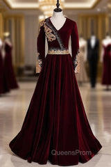 Burgundy Velvet V-neck Long Sleeve Gold Beading Evening Prom Dress