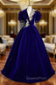 Burgundy Velvet V-neck Puff Sleeve Appliques Evening Prom Dress
