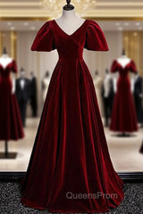Burgundy Velvet V-neck Puff Sleeve Evening Prom Dress
