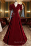 Burgundy Velvet V-neck Short Sleeve Evening Prom Dress