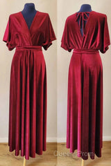 Burgundy Velvet Winter Formal Dress V-Neck Long Bridesmaid Dress