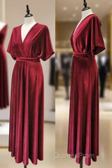 Burgundy Velvet Winter Formal Dress V-Neck Long Bridesmaid Dress
