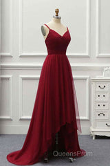 A Line High Low Tulle Evening Prom Dress with Train, Burgundy V Neck Backless Formal Dress