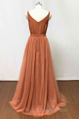 Burnt Orange Scoop Neck Satin Top Long Bridesmaid Dress