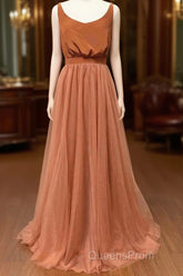 Burnt Orange Scoop Neck Satin Top Long Bridesmaid Dress
