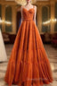 Burnt Orange Straps Tulle A-Line Long Evening Prom Gown Evening Dress