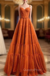 Burnt Orange Straps Tulle A-Line Long Evening Prom Gown Evening Dress