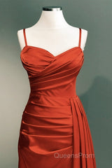 Burnt Orange Sweetheart Slit Satin Spaghetti Straps Dress
