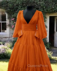 Burnt Orange Tulle V-Neck Ball Gown Dress