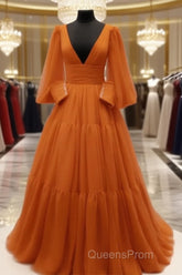 Burnt Orange Tulle V-Neck Ball Gown Dress