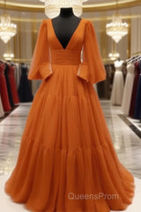 Burnt Orange Tulle V-Neck Ball Gown Dress