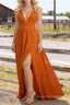 Burnt Orange V Neck Chiffon Floor Length Bridesmaid Dresses Long Bridesmaid Dress With Pleated Split
