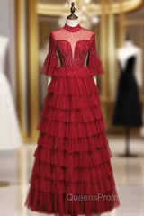 Burugndy Tulle High Neck Backless Beading Evening Prom Dress