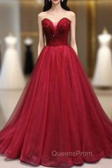 Burundy Tulle Strapless Beading Evening Prom Dress