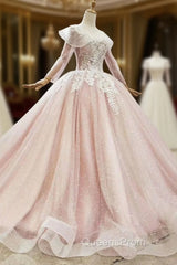 Buy From Pink Ball Gown Tulle Long Sleeve Appliques Princess Evening Prom Dress