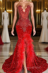 Mermaid Evening Prom Dress with Sequins Sleeveless Split Beadings and Feather Embellishments