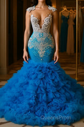 Ocean Blue Mermaid Tulle Ruffle Evening Prom Dress Long With Beadings