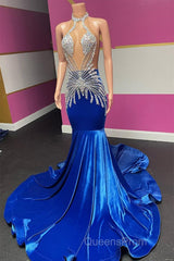 Royal Blue Halter Sleeveless Mermaid Evening Prom Dress With Beadings Velvet