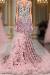 Pink Halter Mermaid Evening Prom Dress with Sequins Beadings and Tulle Ruffle