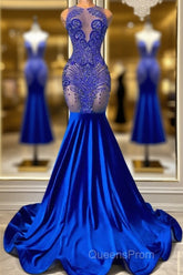 Sleeveless Royal Blue Scoop Neck Mermaid Evening Prom Dress with Beadings