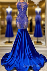 Sleeveless Royal Blue Scoop Neck Mermaid Evening Prom Dress with Beadings