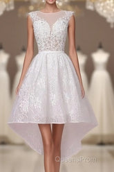 Cap Sleeves High Low White Lace Sheer Short Wedding Dress
