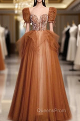 Caramel Tulle Puff Sleeve Beading Evening Prom Dress
