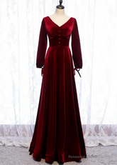 Charming Dark Red Velvet Long Sleeves A Line Party Dress, Party Prom Dress