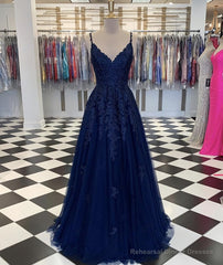 Blue V Neck Tulle Lace Long Prom Dress, Evening Dress