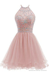Beaded Halter Homecoming Dress, Short Tulle Dress