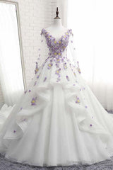 White Tulle Ruffles Long 3D Flower Lace Applique Prom Dress, Quinceanera Dress, With Sleeve