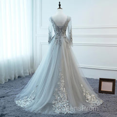 Grey Long Sleeves V Neckline Tulle Evening Prom Dress, A Line Floor Length Party Dress