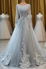 Grey Long Sleeves V Neckline Tulle Evening Prom Dress, A Line Floor Length Party Dress