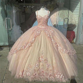 Pink Sparkly Quinceanera Prom Dresses, Lace Flower Sweet 16 Tulle Party Ball Gown