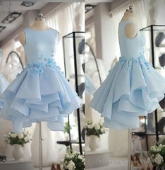 Light Blue Satin Organza Short Party Dress, Cute Homecoming Dress