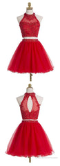 Two Piece Scoop Short Red Organza Beaded Homecoming Dress, With Appliques Sequins