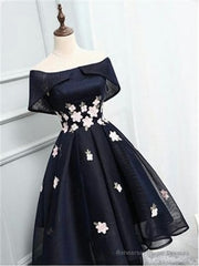 Off The Shoulder Black Organza Homecoming Dresses, With Handmade Flower Short Homecoming Dresses