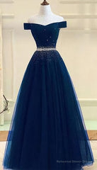 Tulle Prom Gown Off Shoulder Prom Dresses, Long Prom Dress, A Line Evening Dress