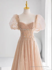 Chamapgne Beaded Short Sleeves Tulle A-line Prom Dress, Champagne Party Dress