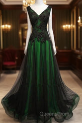 Chaming Black And Green Tulle V-Neckline Long Party Dress, Beautiful V-Neckline Evening Prom Dress