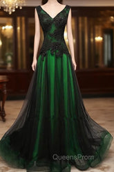 Chaming Black and Green Tulle V-neckline Long Party Dress, V-neckline Evening Prom Dress