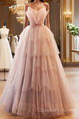 Champagne A-Line Beading Sequin Long Evening Prom Dress, Champagne Formal Dress