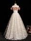 Champagne A-Line Lace Long Classy Prom Dress, Champagne Long Prom Dress