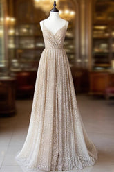 Champagne A Line Spaghetti Strap Sequins Long Evening Prom Dress Evening Dress
