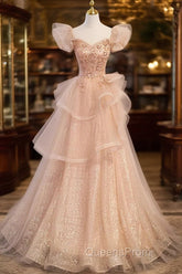 Champagne A-Line Tulle BeadedLong Evening Prom Dress, Champagne Evening Dress