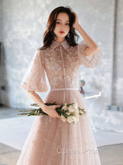 Champagne A-Line Tulle Lace Long Evening Prom Dress, Champagne Evening Dress