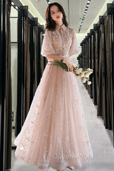 Champagne A-Line Tulle Lace Long Evening Prom Dress, Champagne Evening Dress
