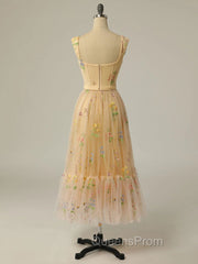 Champagne A Line Tulle Lace Tea Length Evening Prom Dress, Champagne Evening Dress