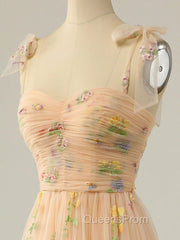 Champagne A Line Tulle Lace Tea Length Evening Prom Dress, Champagne Evening Dress